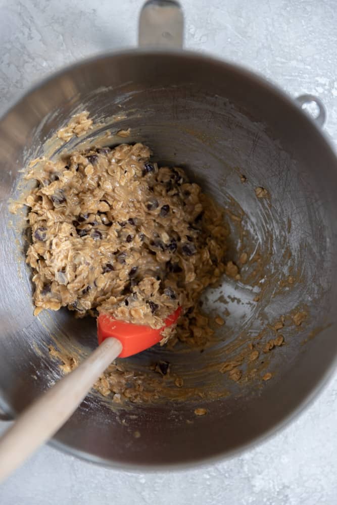 Batter for small batch oatmeal chocolate chip cookies in a bowl.