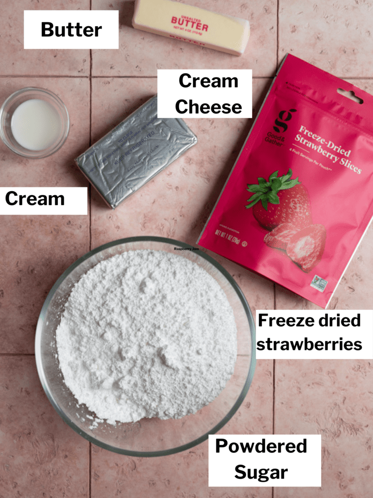 Ingredients for strawberry cream cheese frosting