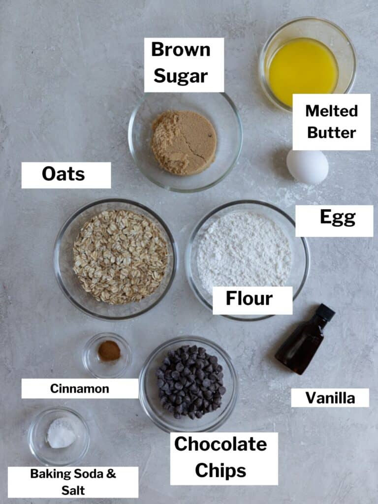 Ingredients for small batch oatmeal chocolate chip cookies