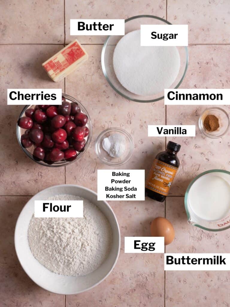 Ingredients for fresh cherry coffee cake.