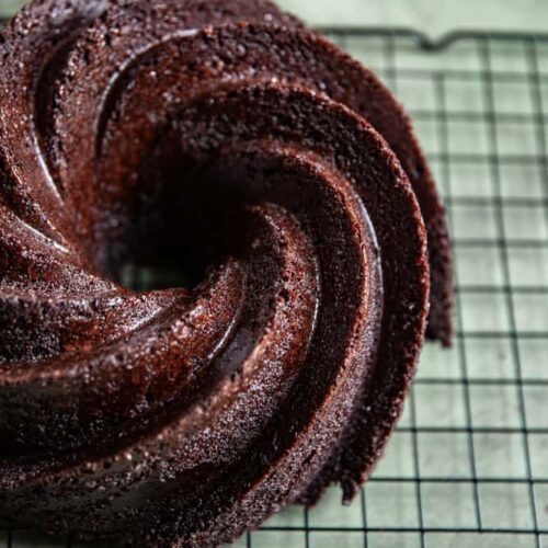 A close up of a chocolate bundt cake.