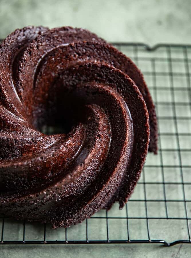 A close up of a chocolate bundt cake.
