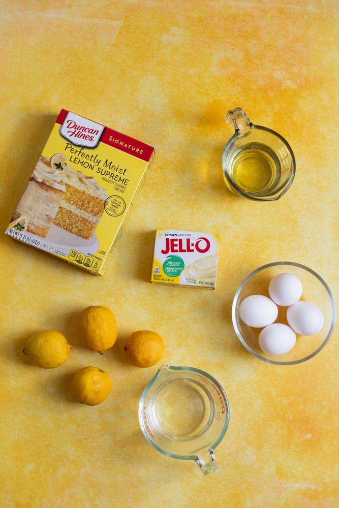 Ingredients for a lemon pudding bundt cake.