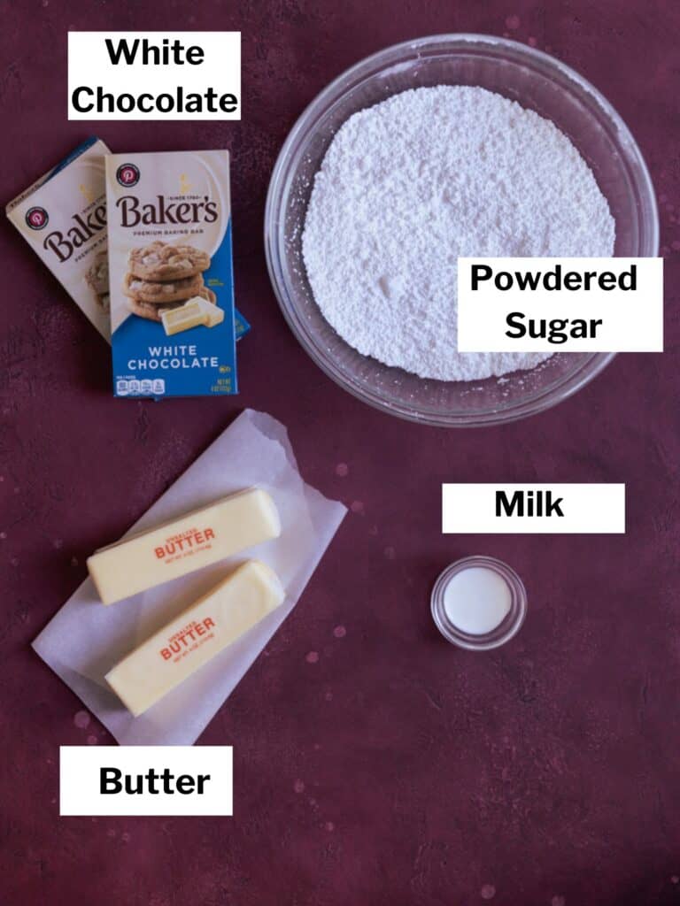 Ingredients for white chocolate buttercream frosting.
