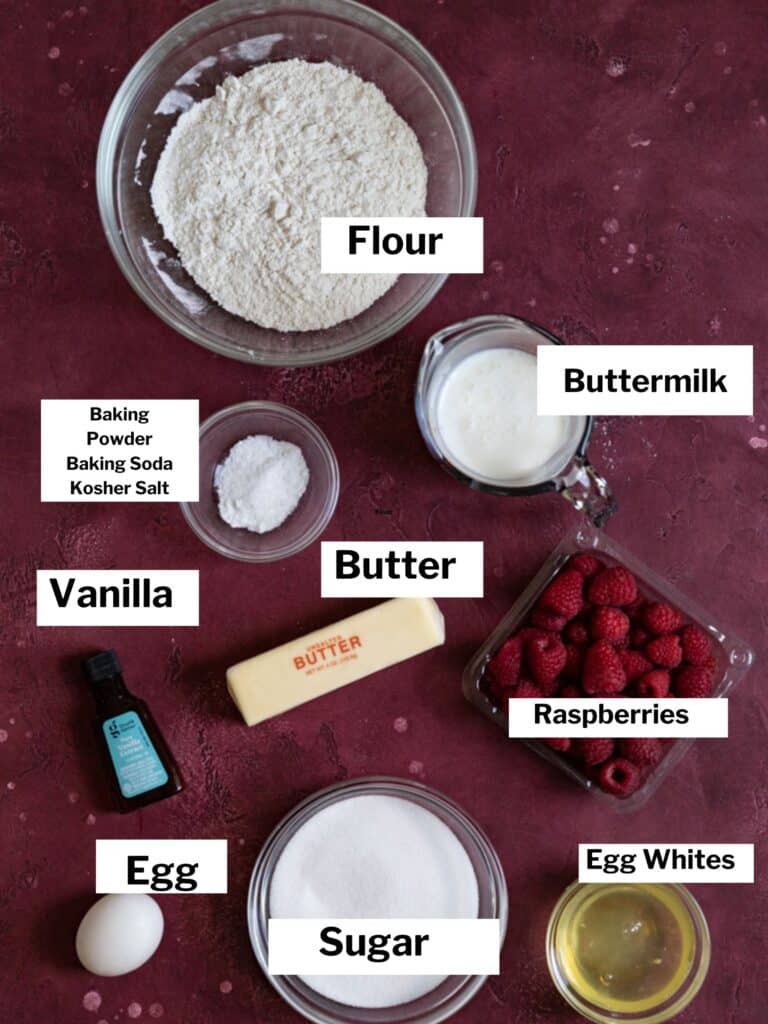 Ingredients for white chocolate raspberry cupcakes.