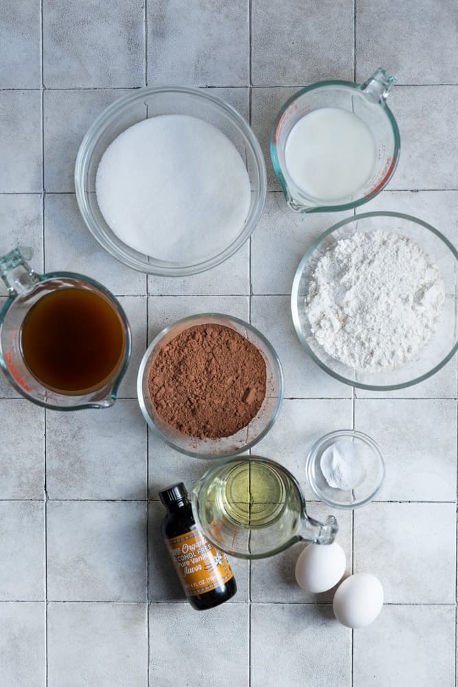 Ingredients for a chocolate loaf cake.