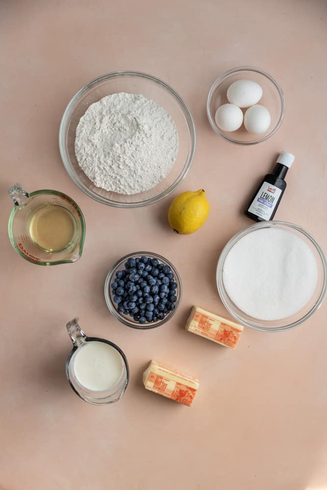 Ingredients for a lemon blueberry bundt cake.