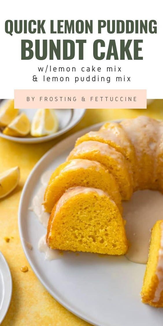 Pinterest image for a lemon pudding bundt cake.