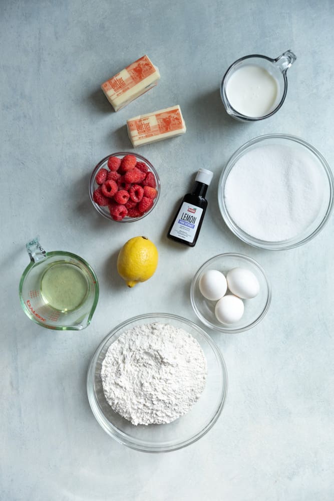 Ingredients for a lemon raspberry bundt cake.