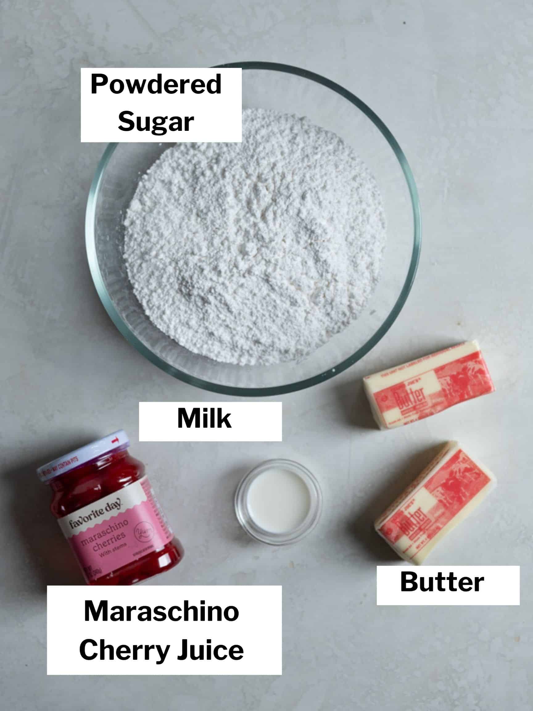 Ingredients for cherry buttercream frosting.