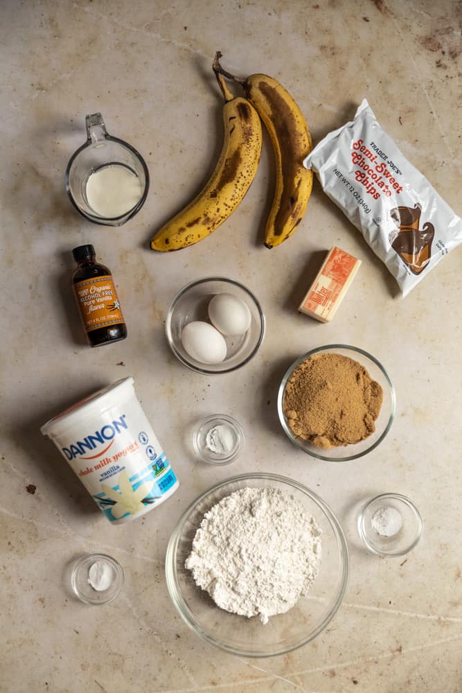 Ingredients for a banana chocolate chip cake.