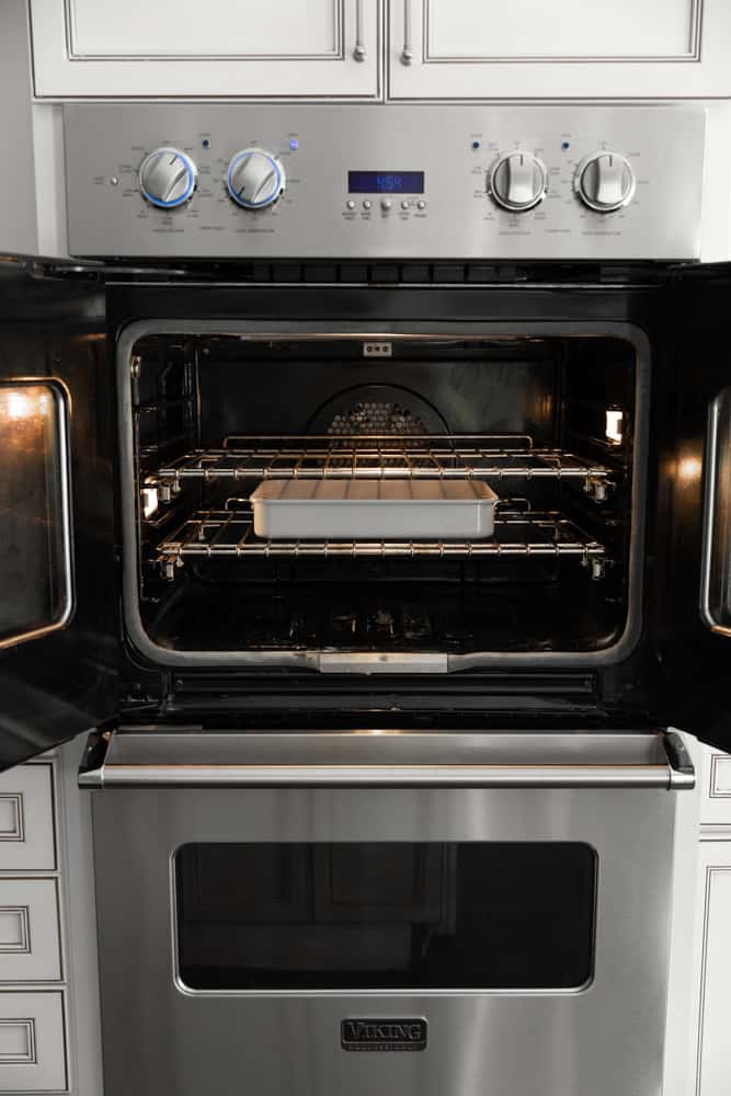 A 9x13" pan with water in the lower rack of the oven