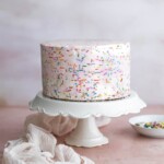 A confetti cake on a white cake stand.