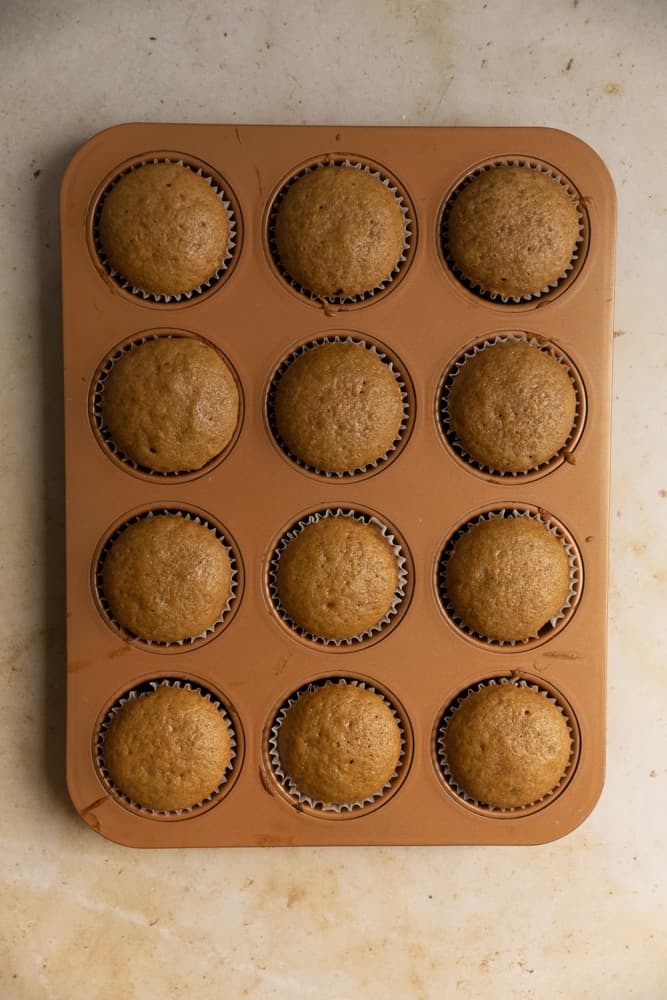 Baked coffee cupcakes in a muffin tin