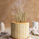 A caramel cake with blown out candles on a peach colored surface.