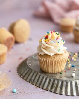 A cupcake frosted with dairy free frosting and sprinkles.