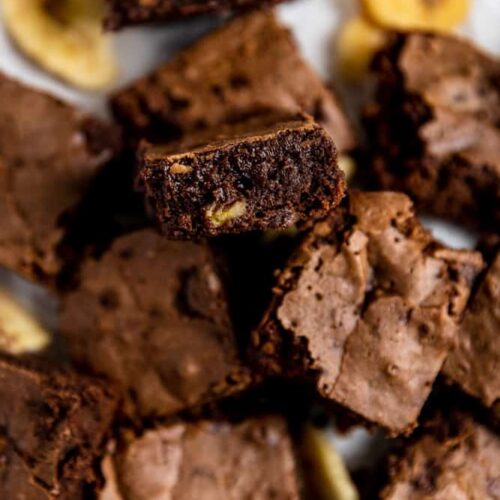 A close up of the inside fudgy center of a banana brownie.