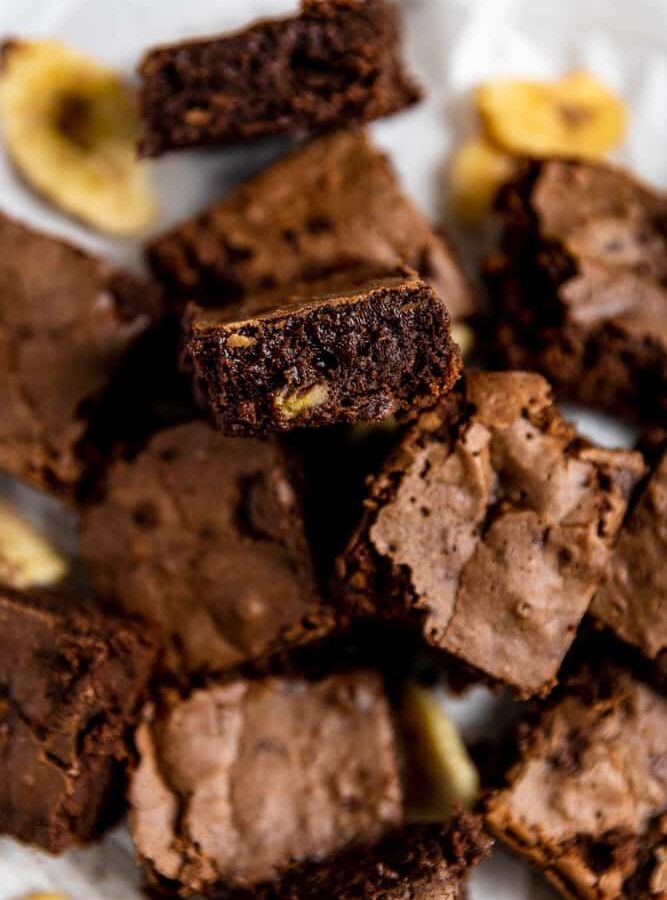A close up of the inside fudgy center of a banana brownie.