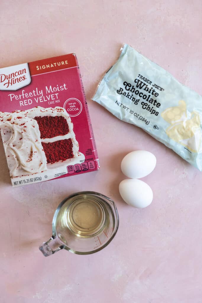Ingredients for red velvet cake mix cookies.