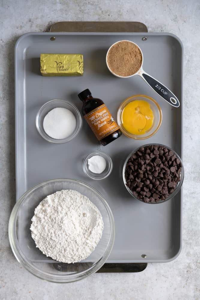 Ingredients needed for dairy free chocolate chip cookies.