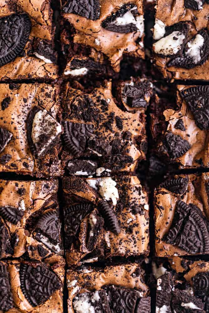 A closeup of Oreo brownies cut into squares.