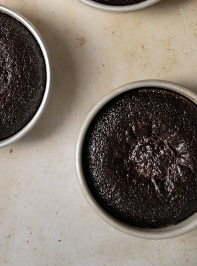 A chocolate cake that has a sunken middle in a cake pan.