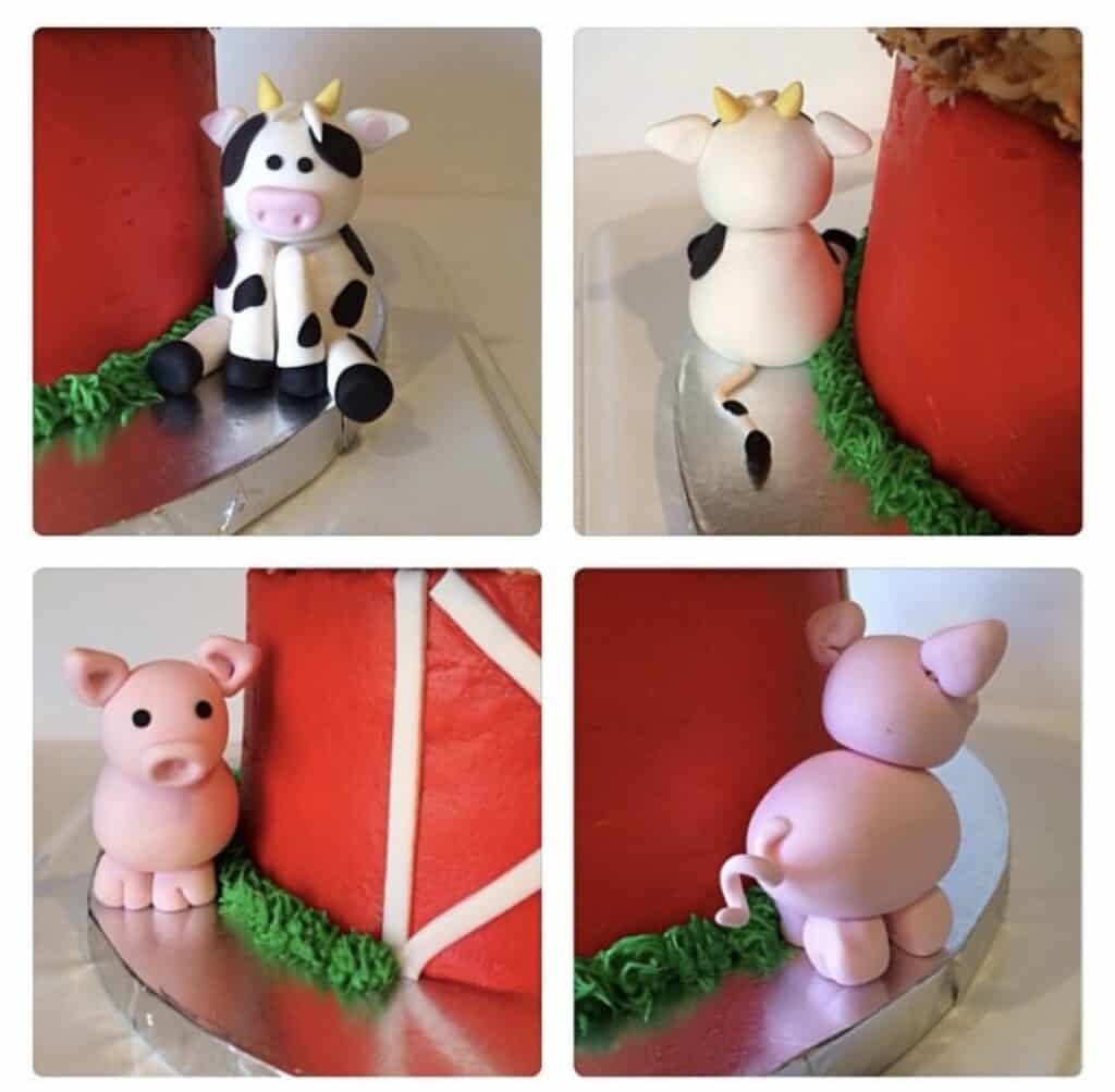 Farm animals made of fondant around a cake.