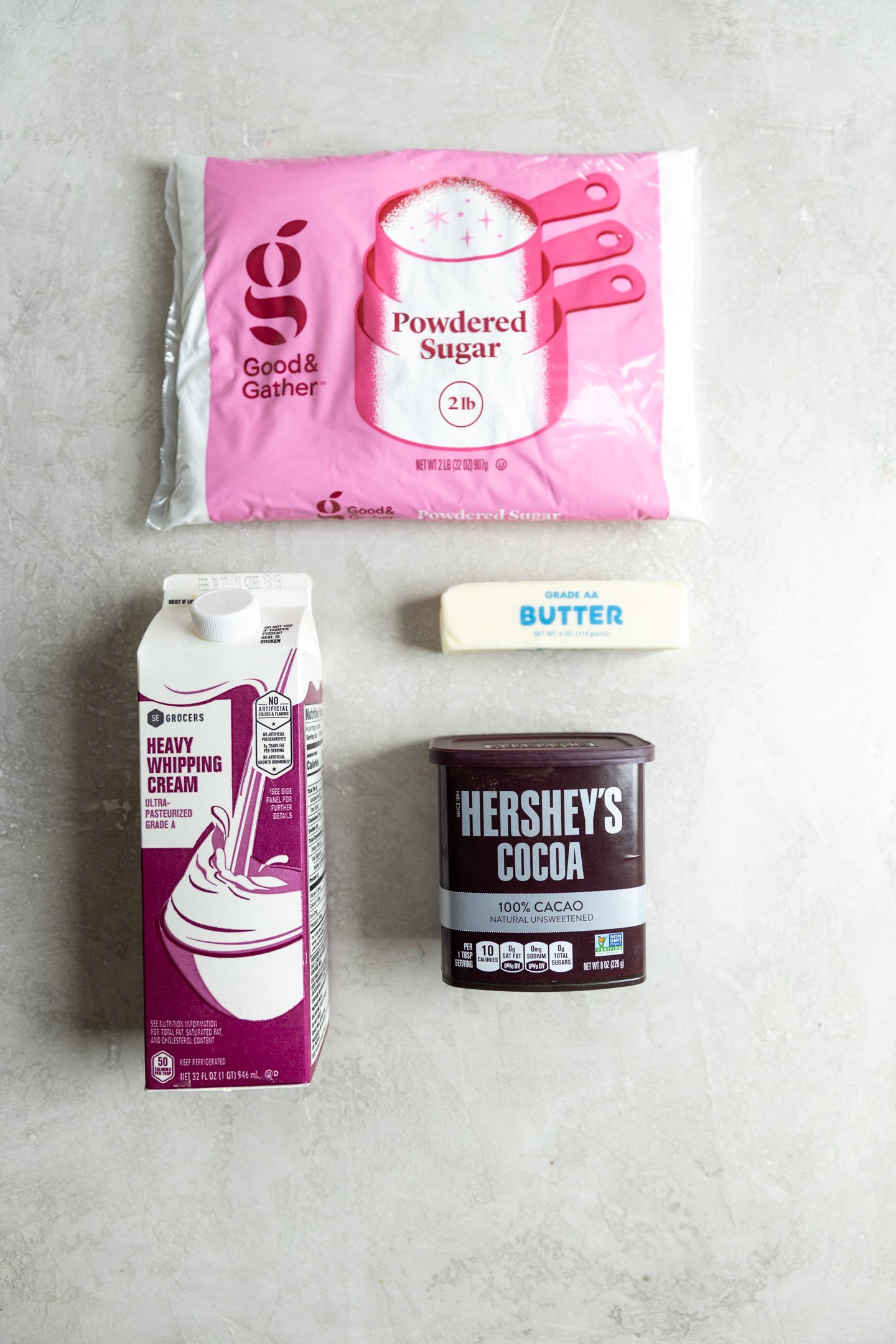Ingredients for chocolate fudge frosting.