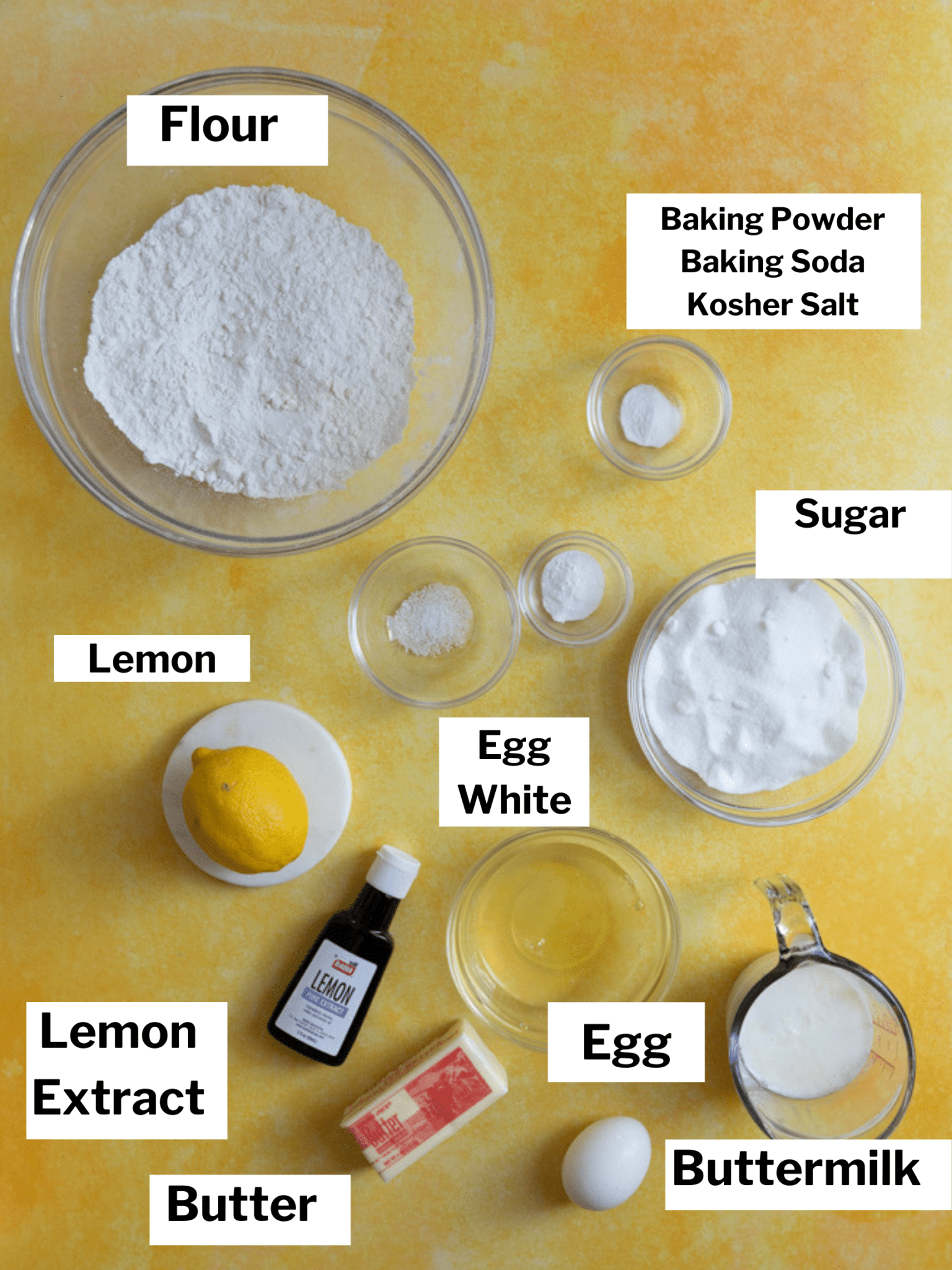 Ingredients for a lemon curd cake.