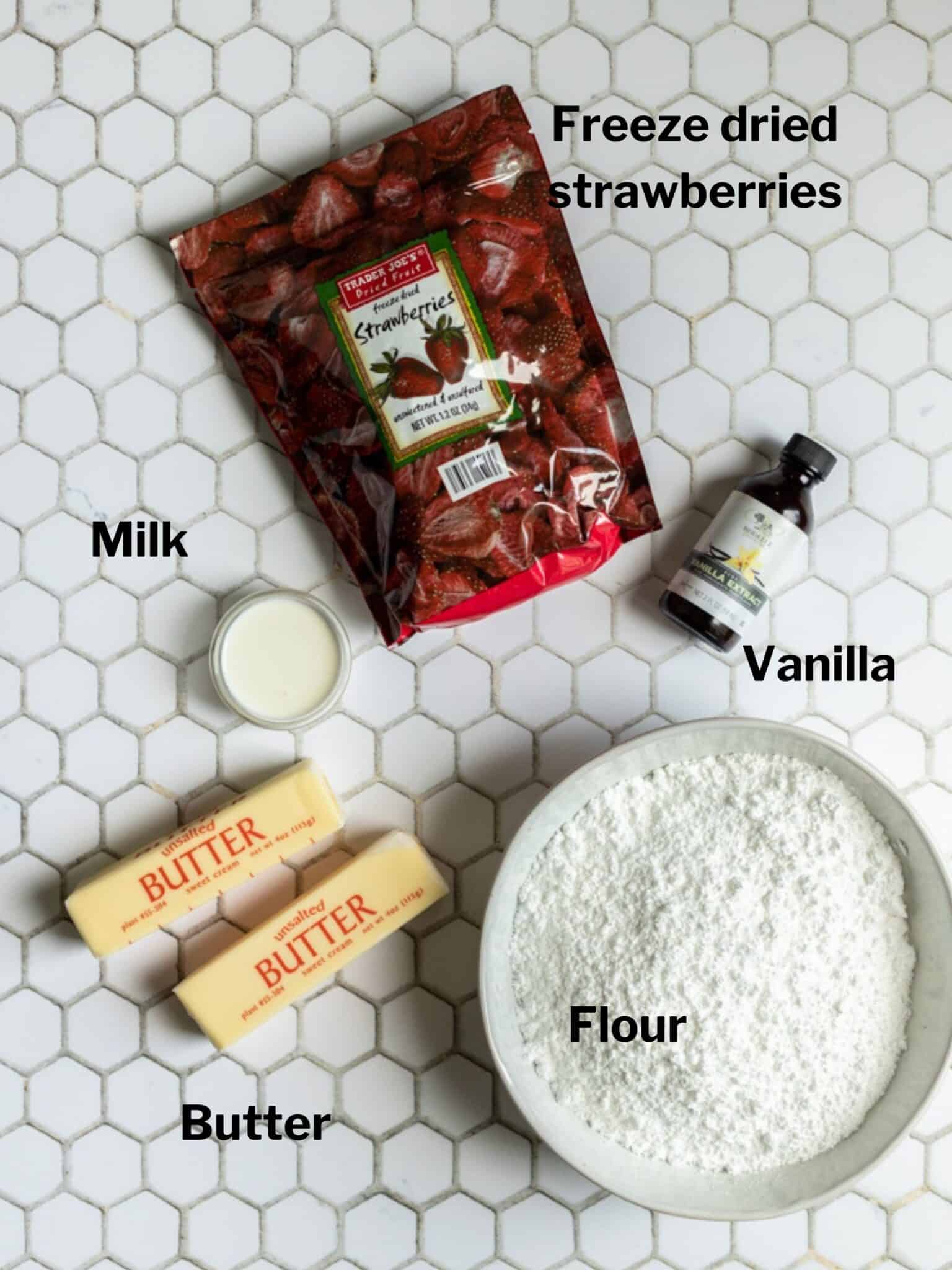 Ingredients for strawberry buttercream frosting.
