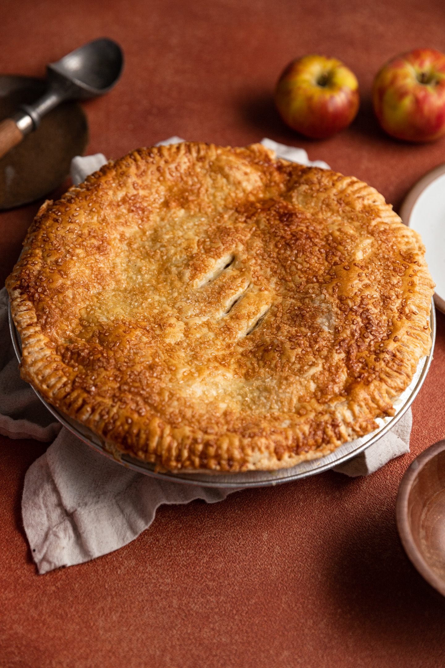 A baked apple pie with puff pastry.