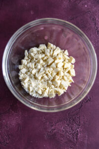 White chocolate chopped in a bowl.