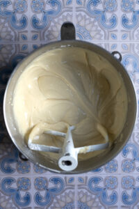 Finished batter for a cake in a mixing bowl.
