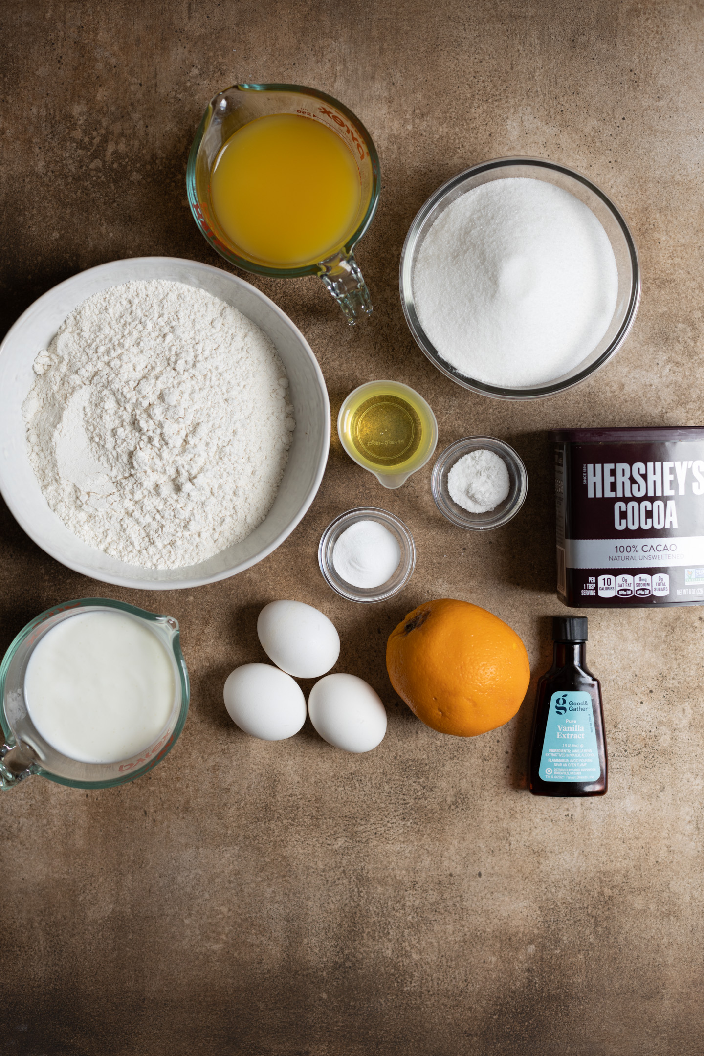 Ingredients for a chocolate orange cake.
