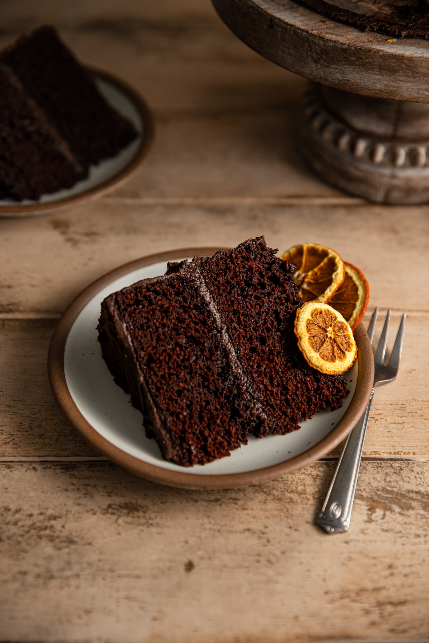 A slice of chocolate cake with dried orange slices next to it.