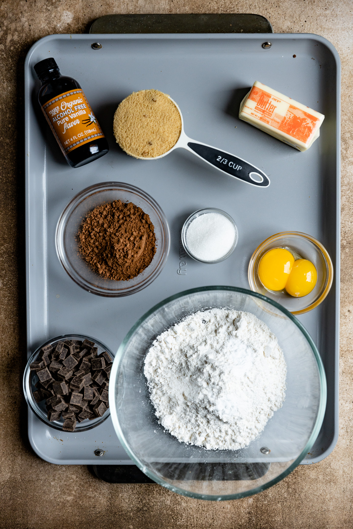 Ingredients for double chocolate chip cookies.