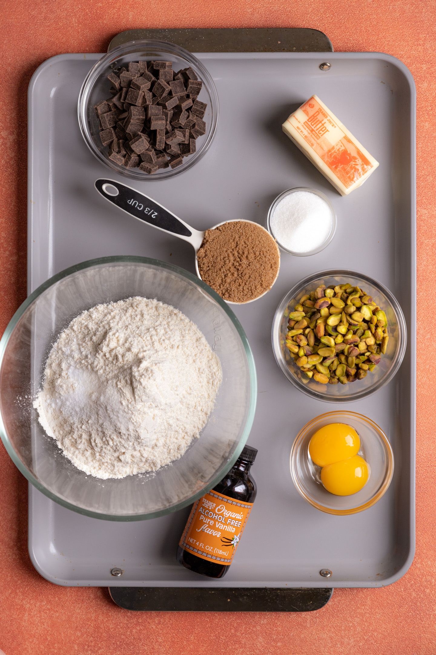 Ingredients for Pistachio Chocolate Chip Cookies.