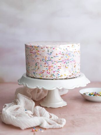 A cake frosted with funfetti frosting.