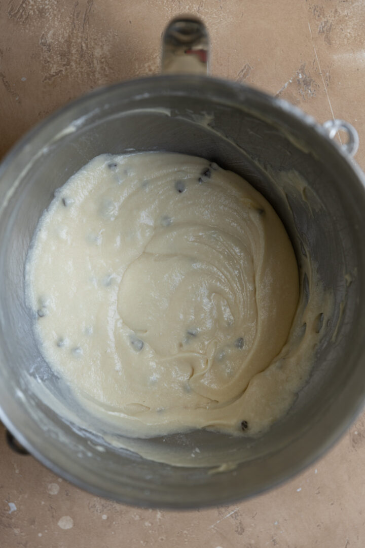 Cookie dough cupcake batter in a mixing bowl.