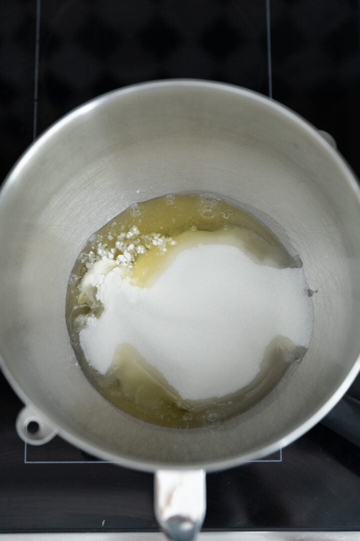 Egg whites, sugar, and cornstarch in a mixing bowl.