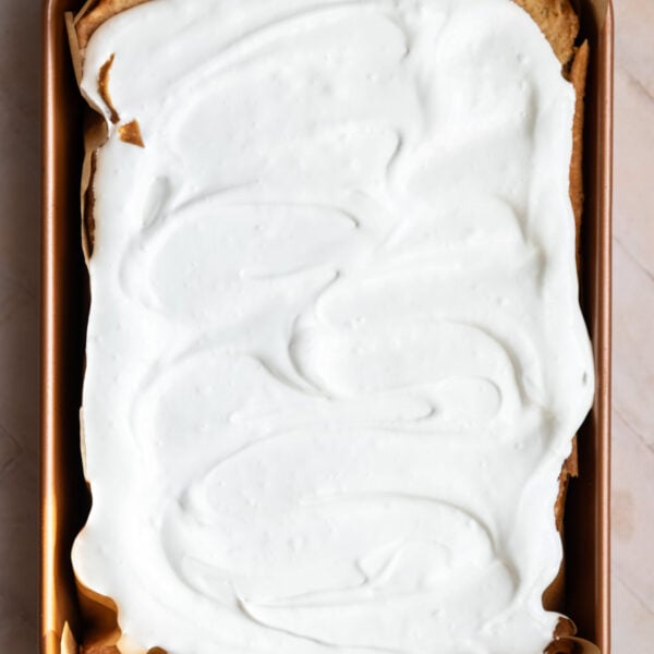 Vanilla sheet cake with white frosting.