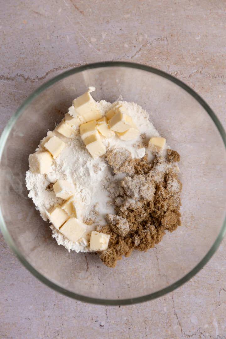 Streusel ingredients in a glass bowl.