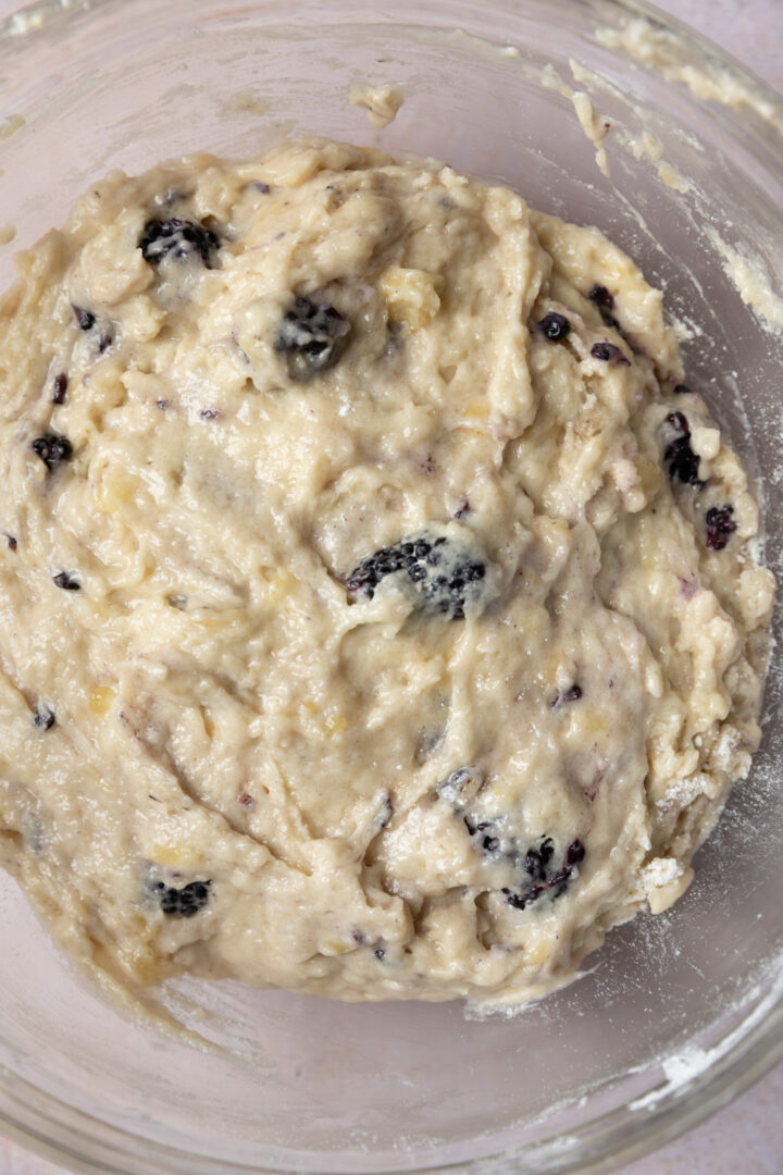 Batter for banana blackberry muffins.
