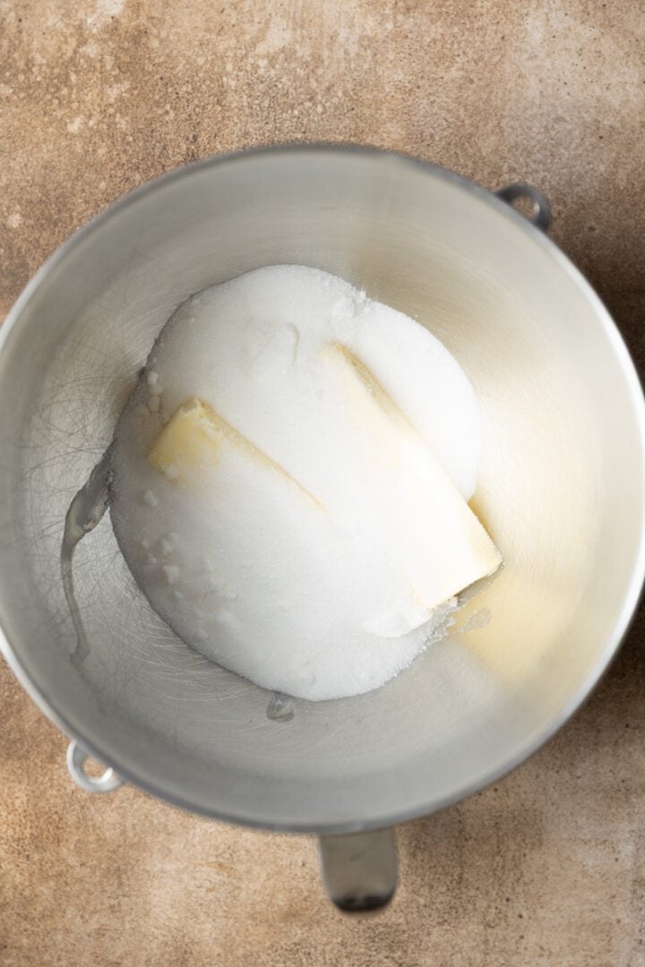 Butter and sugar in. mixing bowl. 