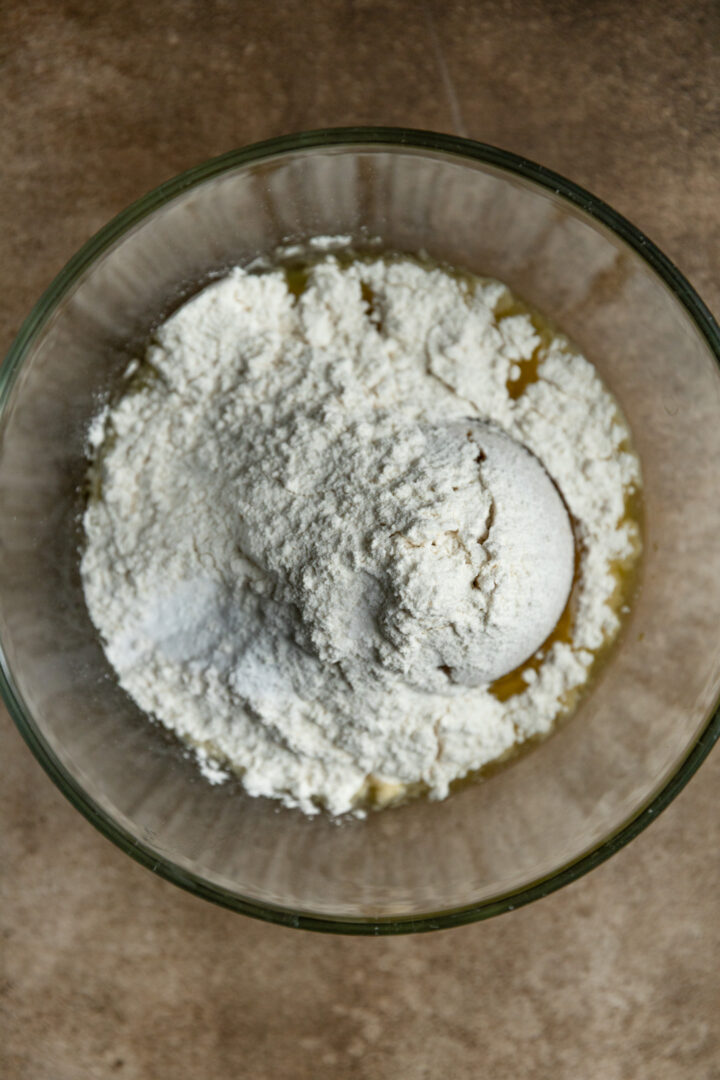 Dry ingredients in a bowl for brown sugar cookies.