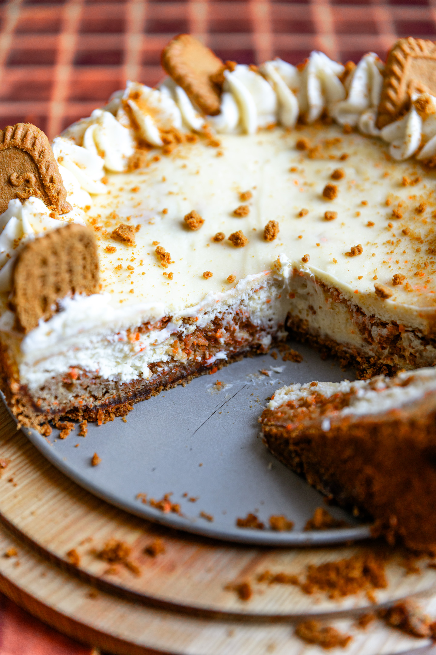 The inside of a carrot cake cheesecake.
