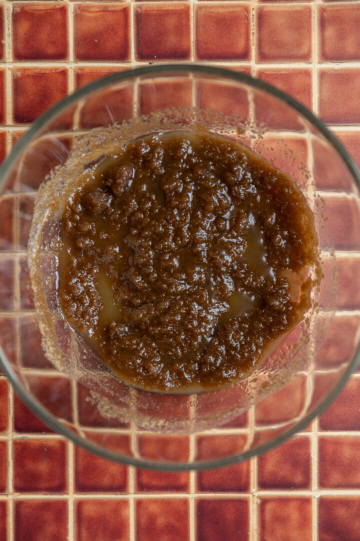 Wet ingredients for a carrot cake base.
