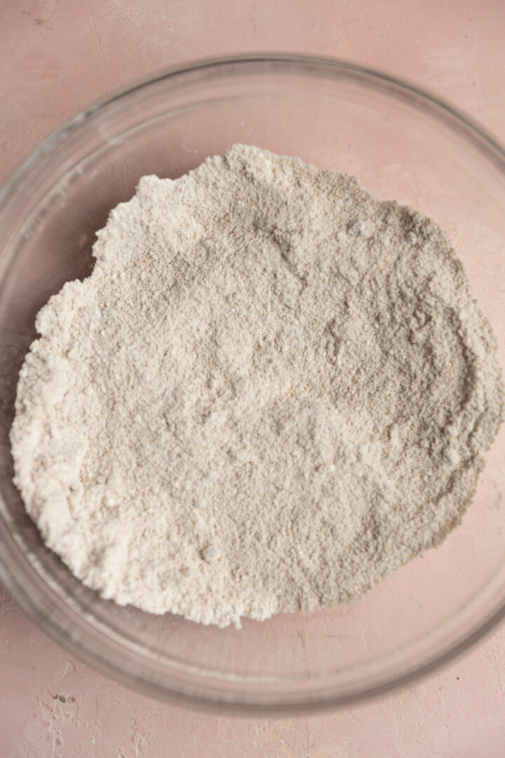 Dry ingredients whisked together in a bowl.