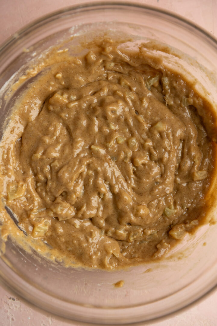 Batter mixed together for carrot cake cupcakes.