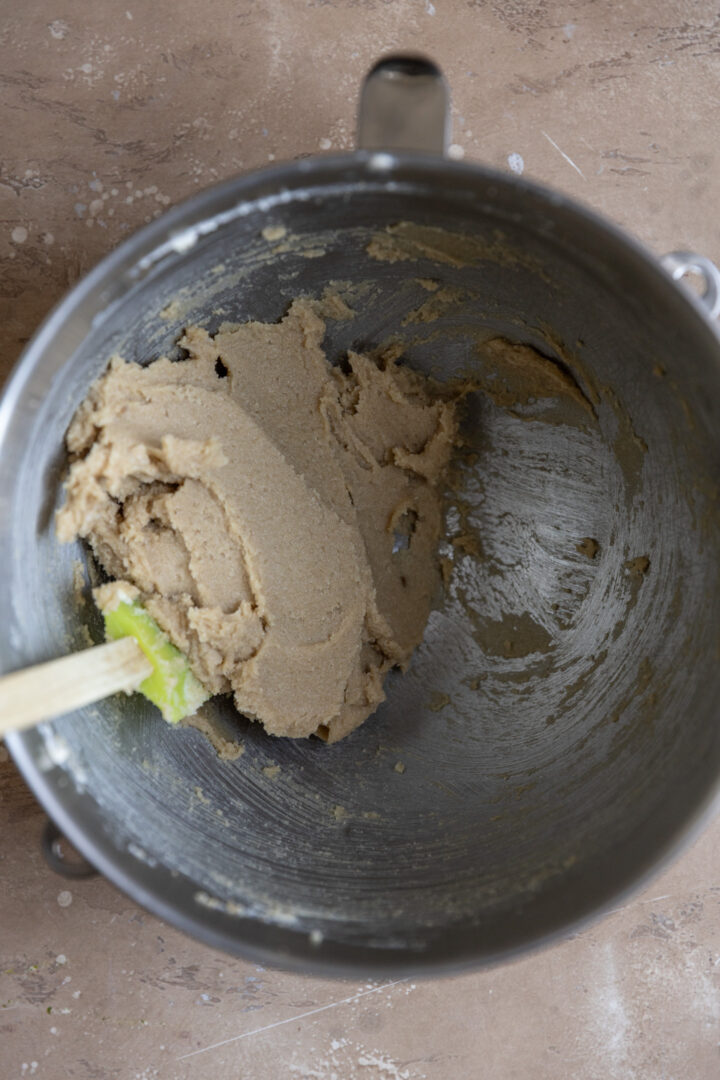 Butter, brown sugar, and white sugar creamed well in a mixing bowl.